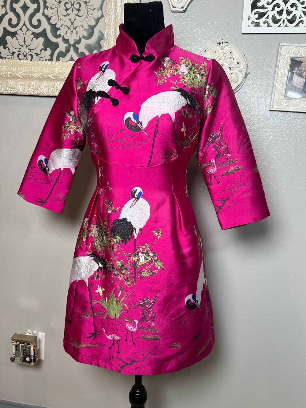 Fuchsia Crane-Print Satin Cheongsam Dress
